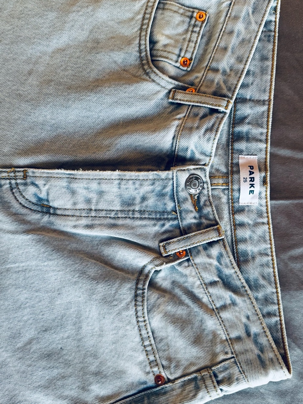 PARKE Button Fly Light Blue Straight-Leg Jeans w Raw Edge Frayed Hem - Picture 9 of 16